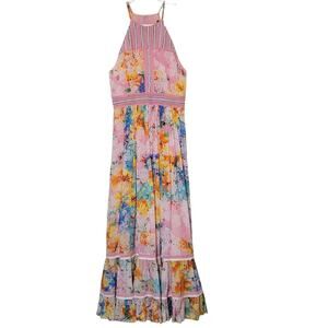 Anthropologie Bhanuni By Jhoti Yuko Floral Halter Dress Beaded Pink Blue Maxi 4